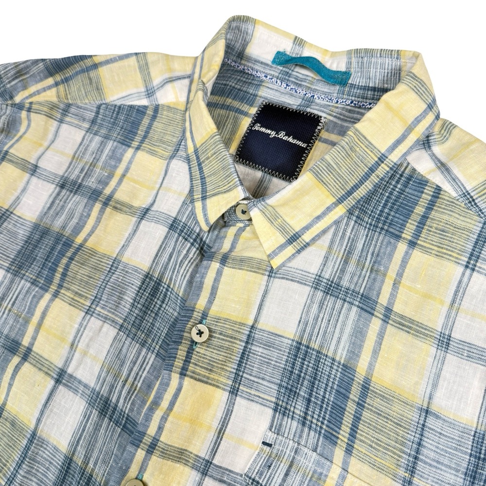 Tommy Bahama XL Linen Plaid Short Sleeve Button Up Shirt Casual Mens Blue Yellow - Picture 1 of 7